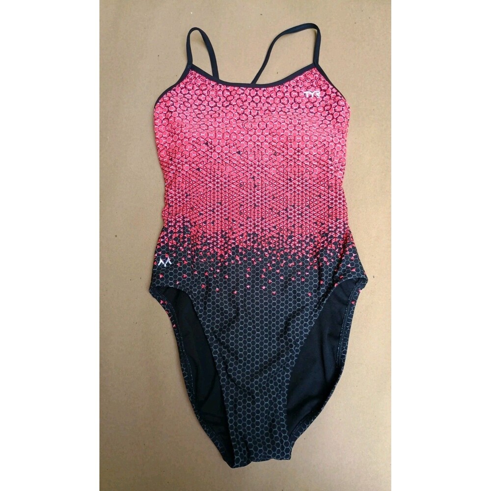 TYR Women's One Sz Odyssey Diamondfit Swimsuit Red Black Geometric *Read
